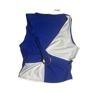 Royal Blue White O-Ring Ribbed Colorblock Crop Tank Top Womens Large